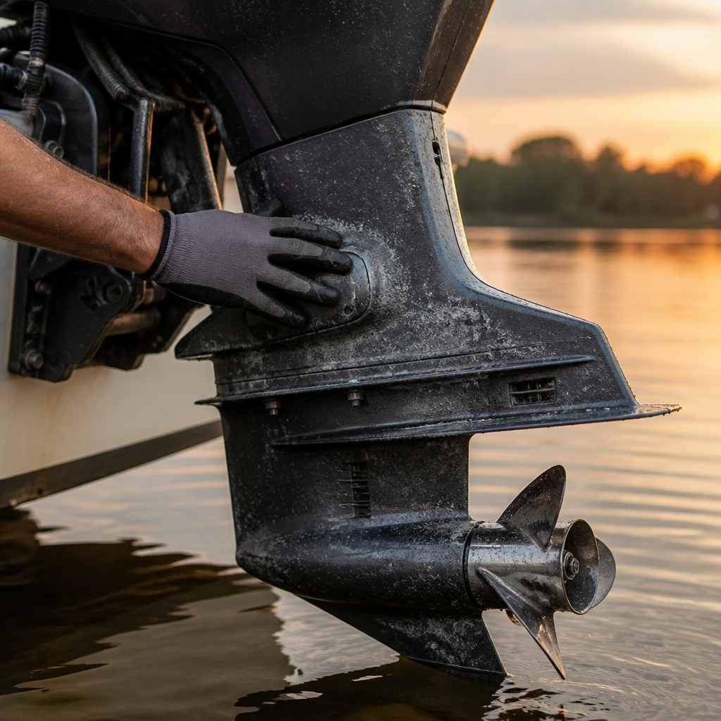 Outboard motor lower unit on a boat transom at a Central Florida lake, with water beading near the propeller.