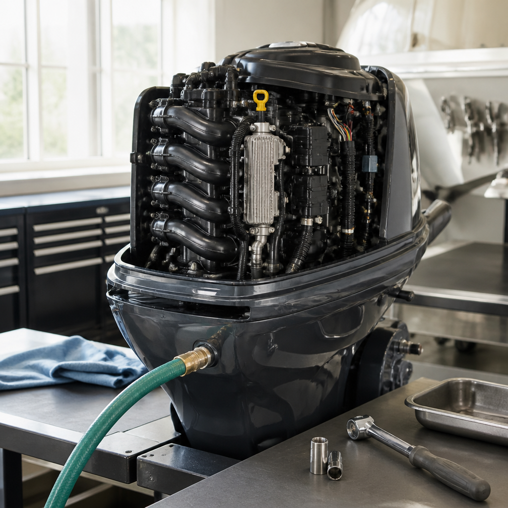 Open outboard engine on a repair shop bench with a flushing hose attached to the cooling system.