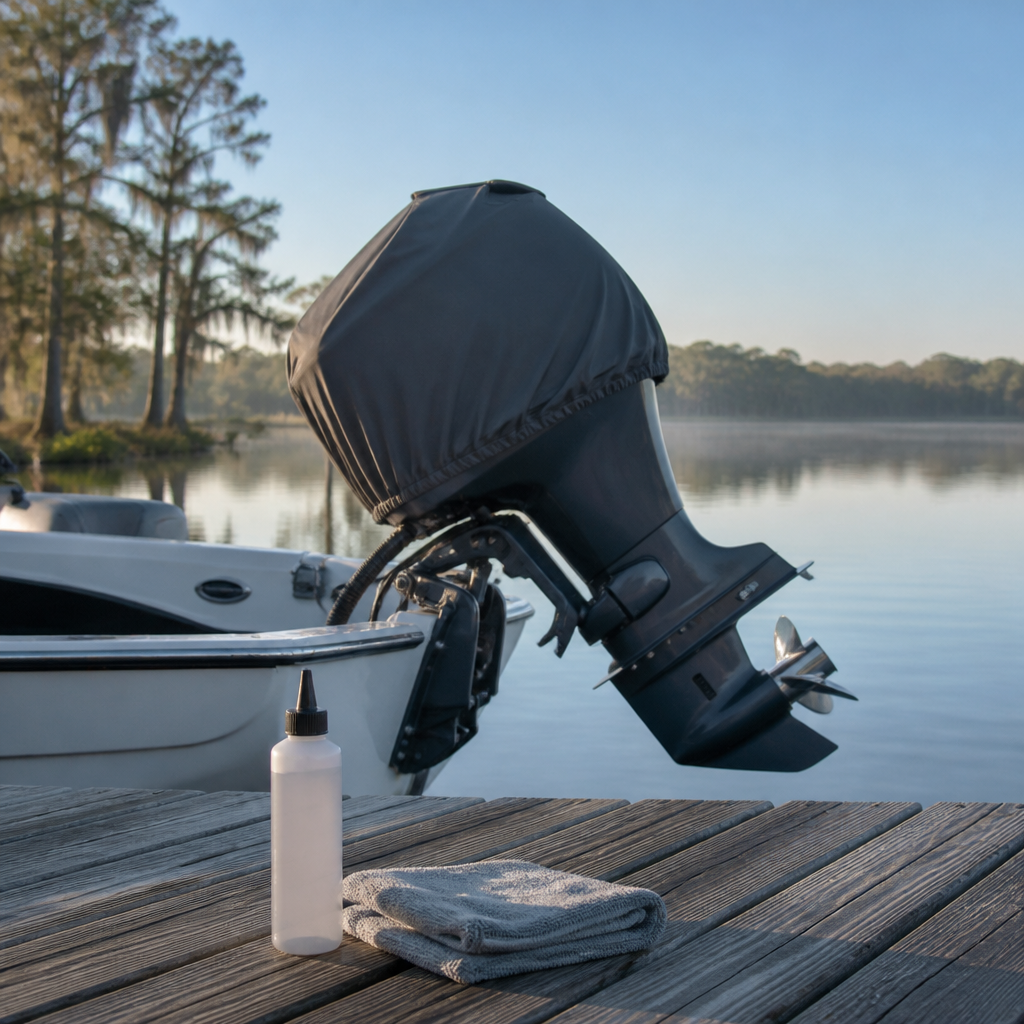 Outboard motor tilted up on a lakeside dock beside a plain gear lube bottle and a clean rag.