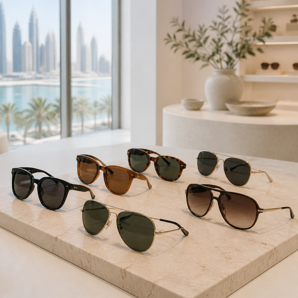 Several designer sunglasses displayed on a white table, illustrating authentic sunglasses at a fair price in the UAE