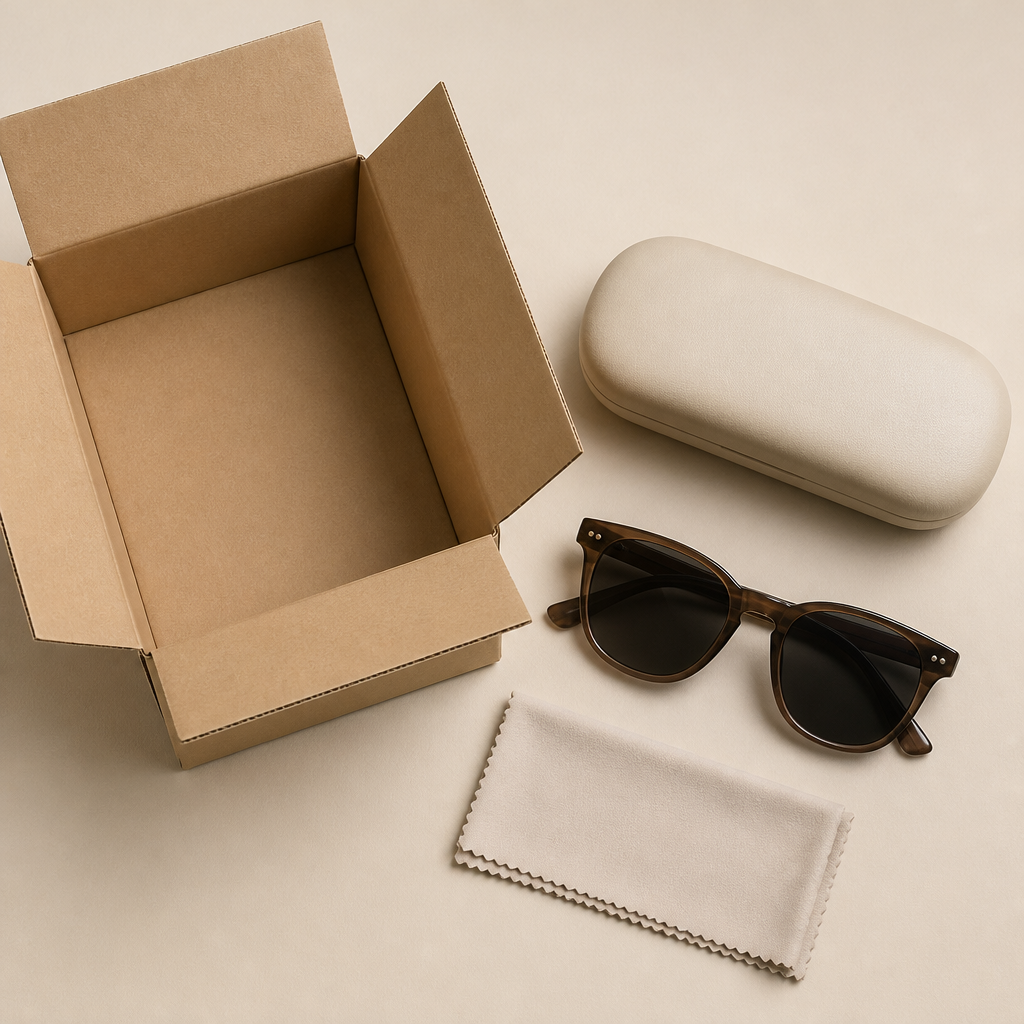Open plain shipping box beside sunglasses and a case, showing direct-from-source eyewear delivery