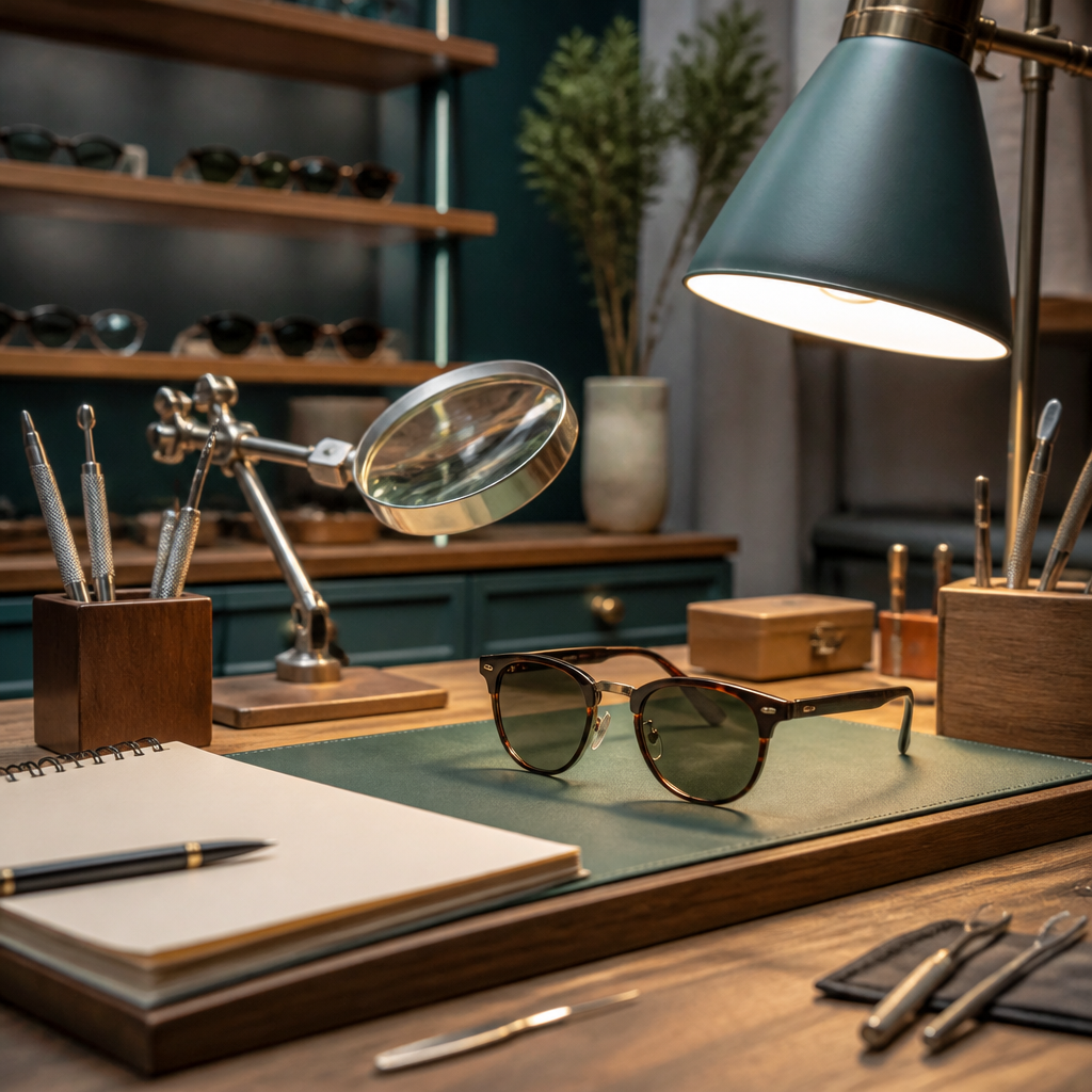 Sunglasses under inspection on a workshop bench with a loupe, representing authenticity checks before sale