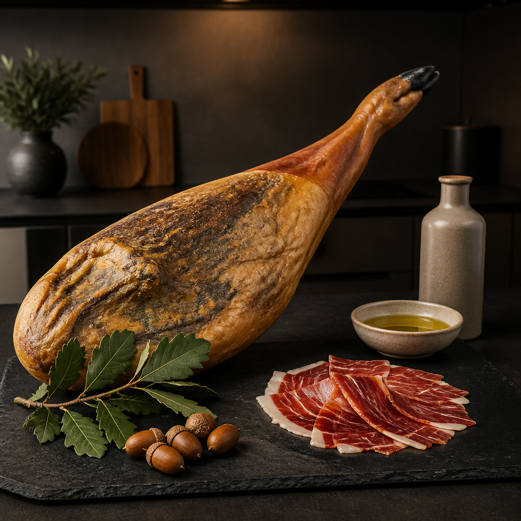 Jamón ibérico de bellota cortado en lonchas finas con bellotas y hojas de encina sobre tabla de pizarra.