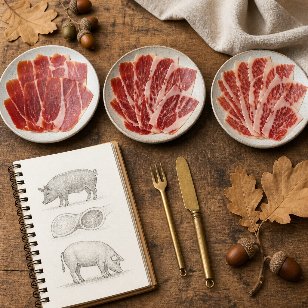 Tres platos con lonchas de jamón ibérico de distinta veta de grasa para comparar la montanera.