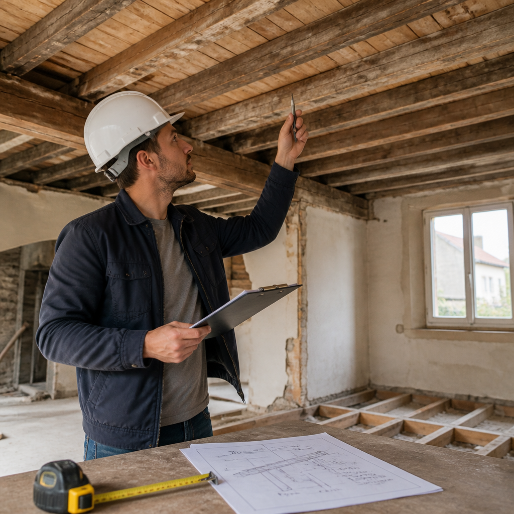Ingénieur examinant la sous-face d'un plancher bois avec mètre ruban et notes de calcul de capacité portante.