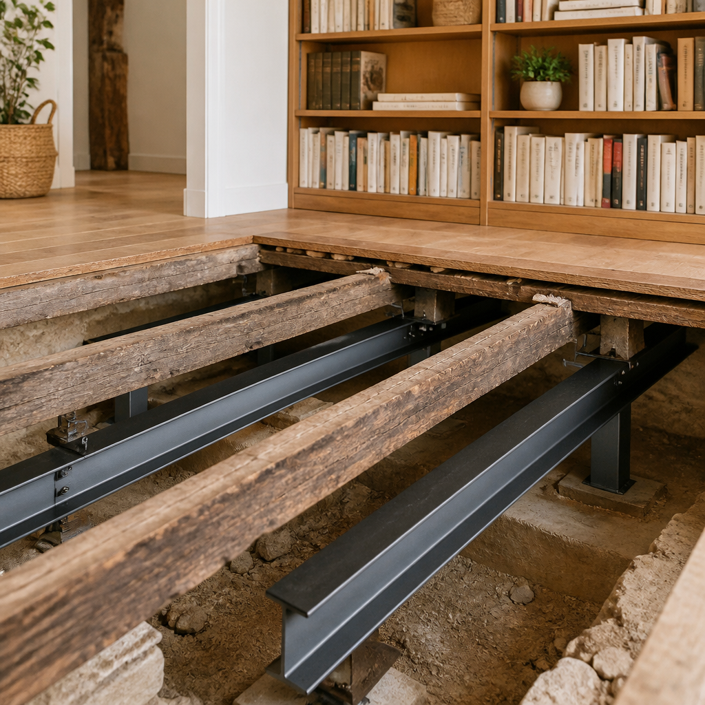 Renfort de plancher bois par poutres ajoutées sous des solives existantes dans une maison rénovée.