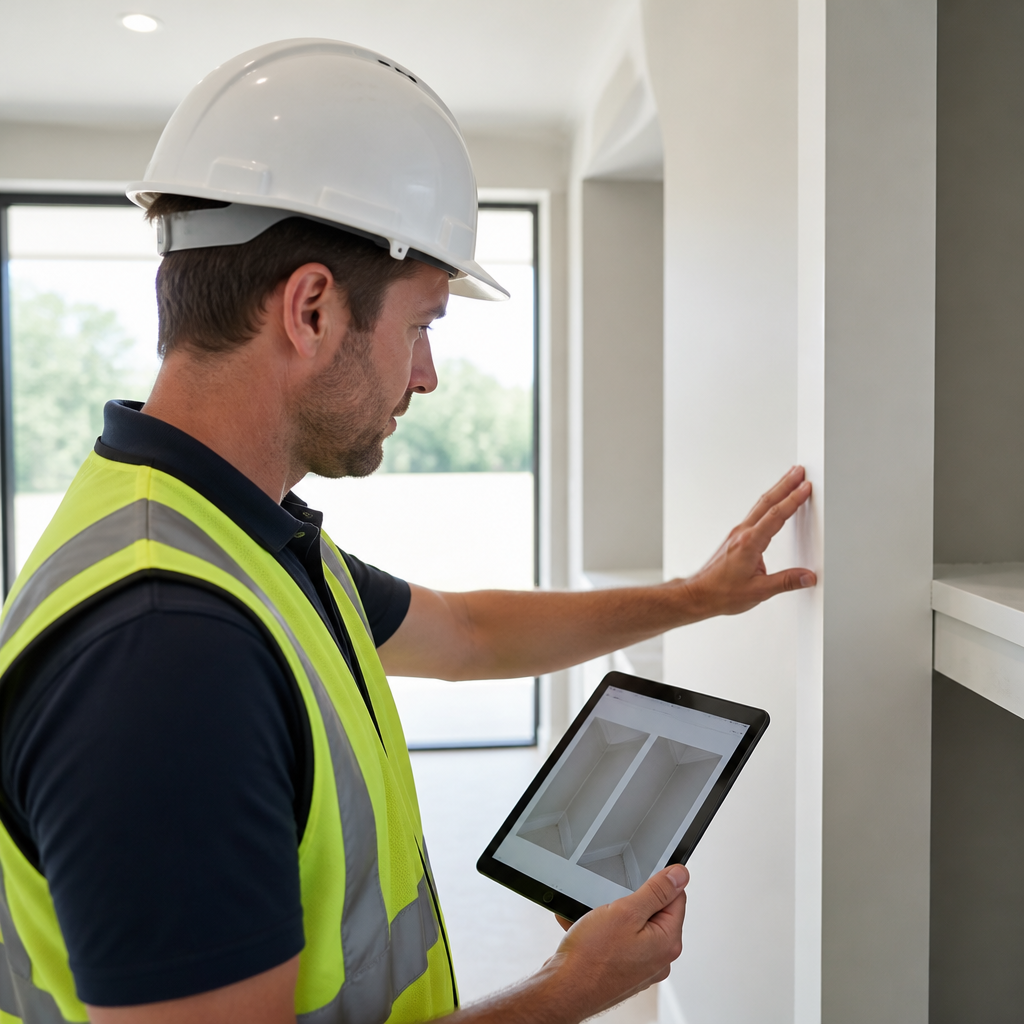 Building inspector checking a repaired wall corner against a defect report tablet during a building re-inspection in a new home