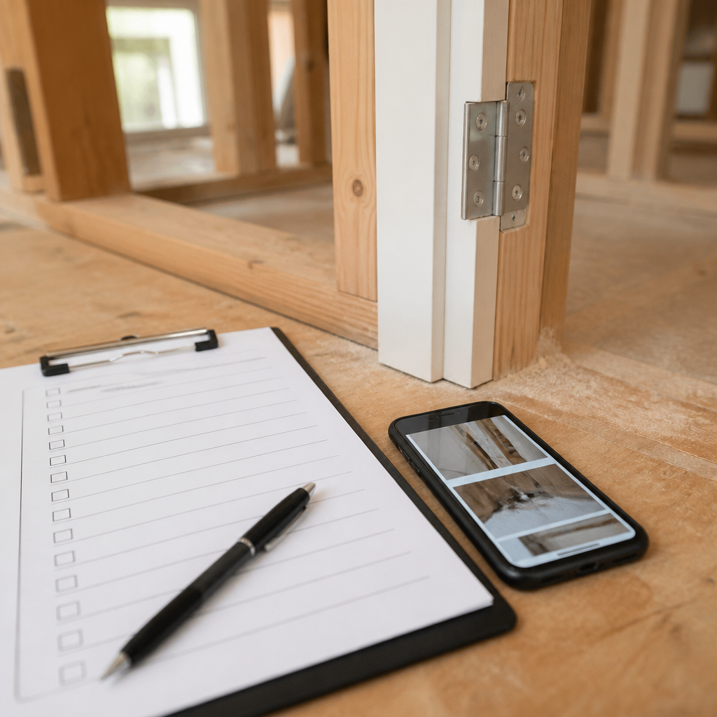Checklist and phone with defect photos beside a repaired door frame, prepared for a follow-up building inspection