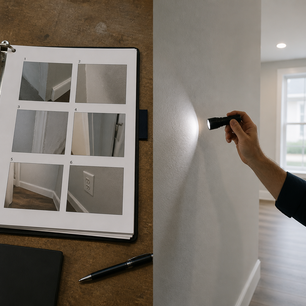 Inspector using a flashlight to check paint finish on a wall against the original defect report photos