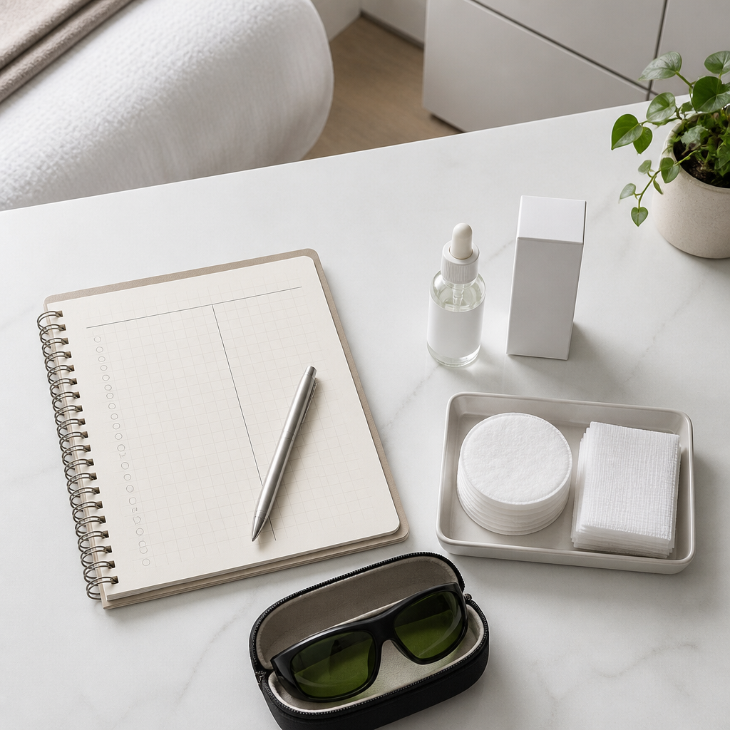Flat-lay of planning notes and skincare supplies arranged for a treatment pairing schedule at a medspa