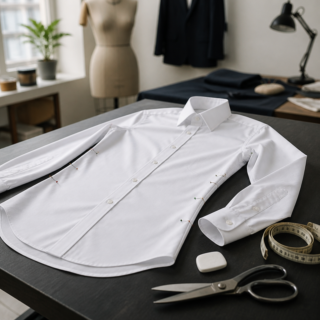 Tailor pinning the side seams of a white dress shirt on a workbench to show dress shirt alterations at the waist.