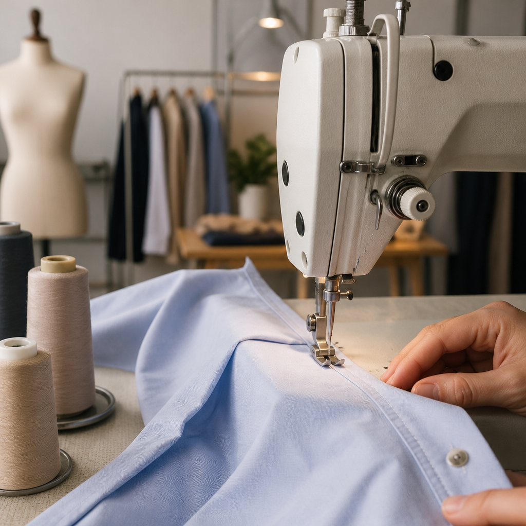 Close-up of a sewing machine stitching a narrowed side seam on a light blue dress shirt during shirt side seam alteration.