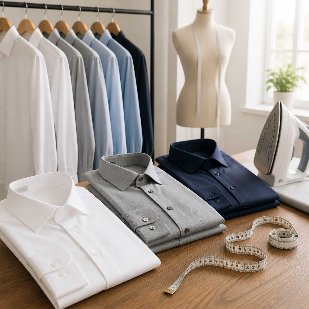 Folded dress shirts in white, gray and navy beside a tape measure and iron in a tailoring shop.