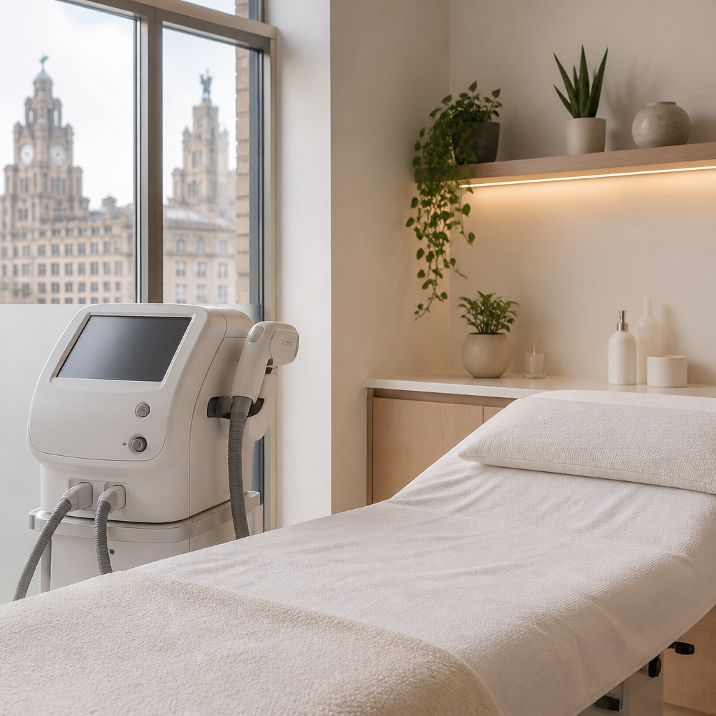 Bright Liverpool laser hair removal treatment room with a laser device beside a padded treatment bed