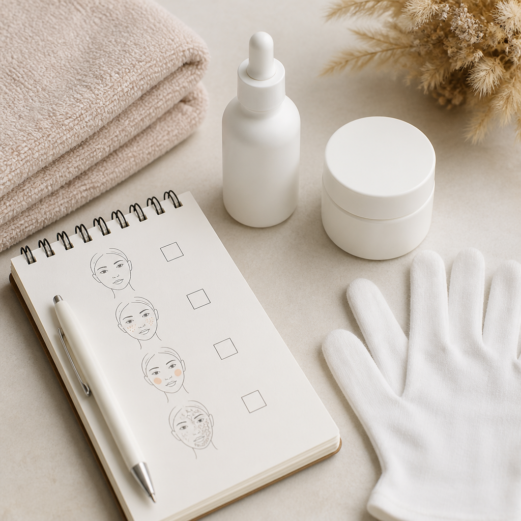 Flat-lay of plain skincare items and a skin-type checklist prepared before a sensitive skin laser session