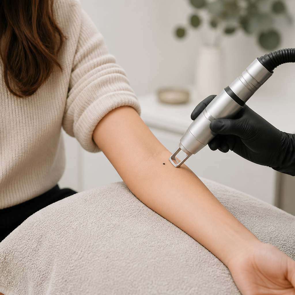 Forearm with a small patch test area beside a laser handpiece during a sensitive skin consultation