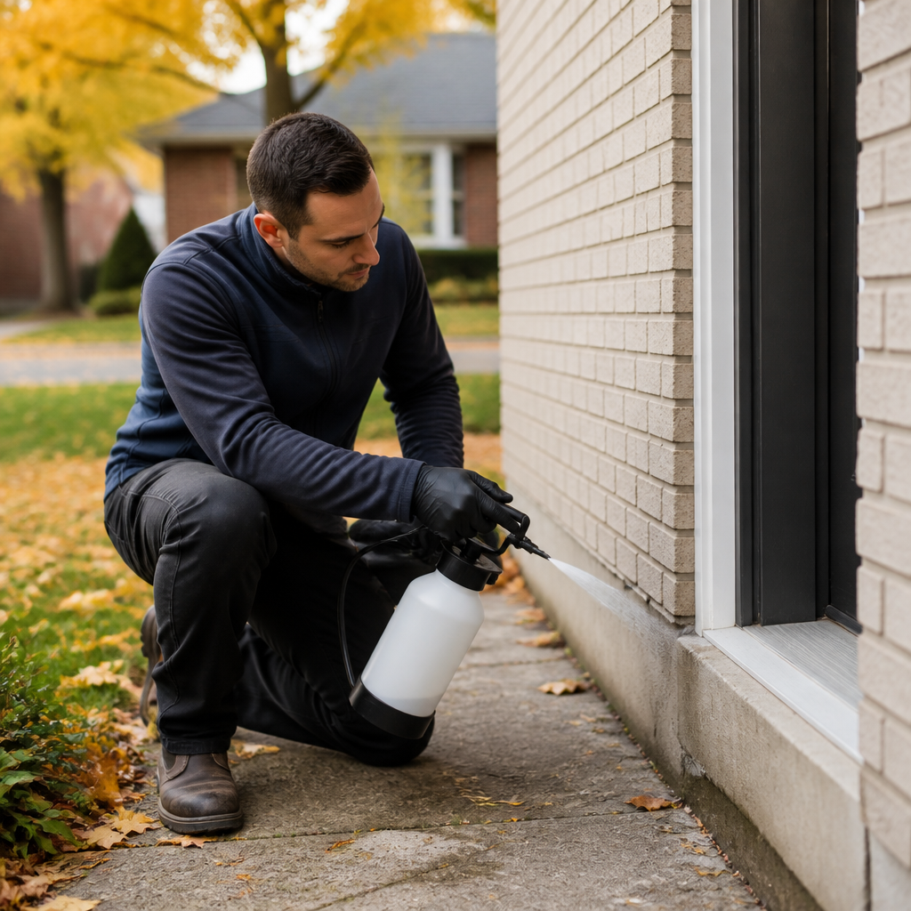 Technician spraying the exterior foundation and door frame of a brick house in Ontario during fall