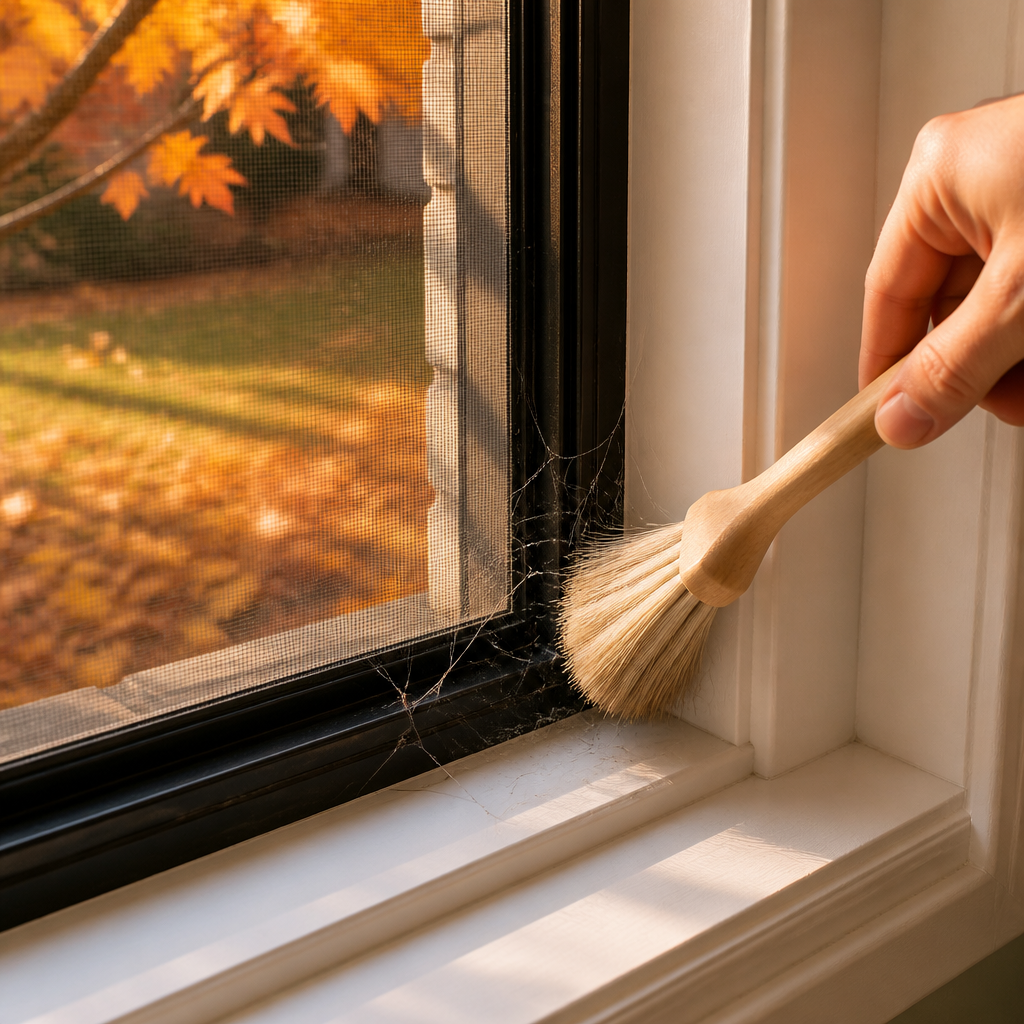 Spider web being brushed off a window screen and sill on a home exterior in fall