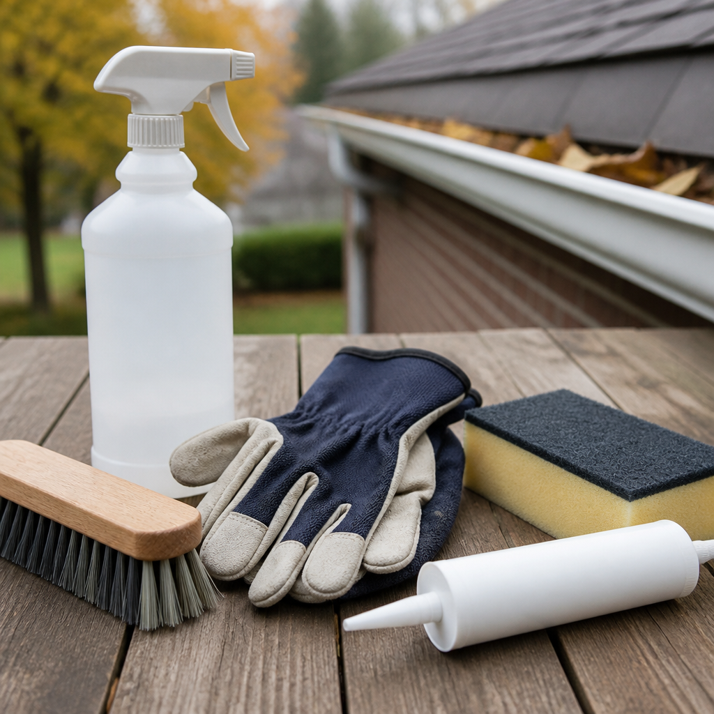 Plain exterior cleaning and sealing supplies arranged on a porch table ahead of fall pest prevention
