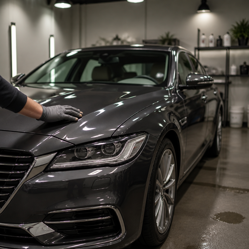 Freshly repainted dark gray sedan in a detailing bay with a technician inspecting the new paint for detailing a repainted car in Illinois.