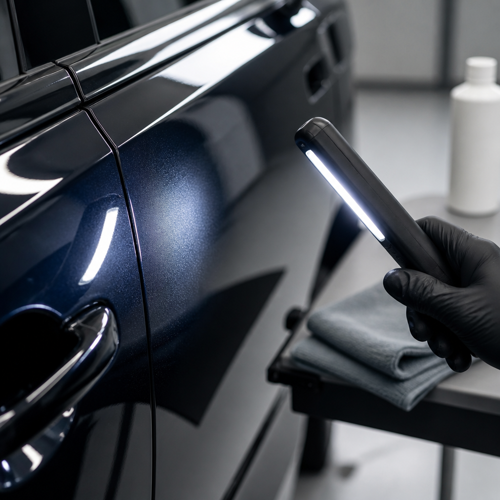 Close-up of a glossy car door under inspection light with plain detailing supplies, showing paint still curing after a repaint.
