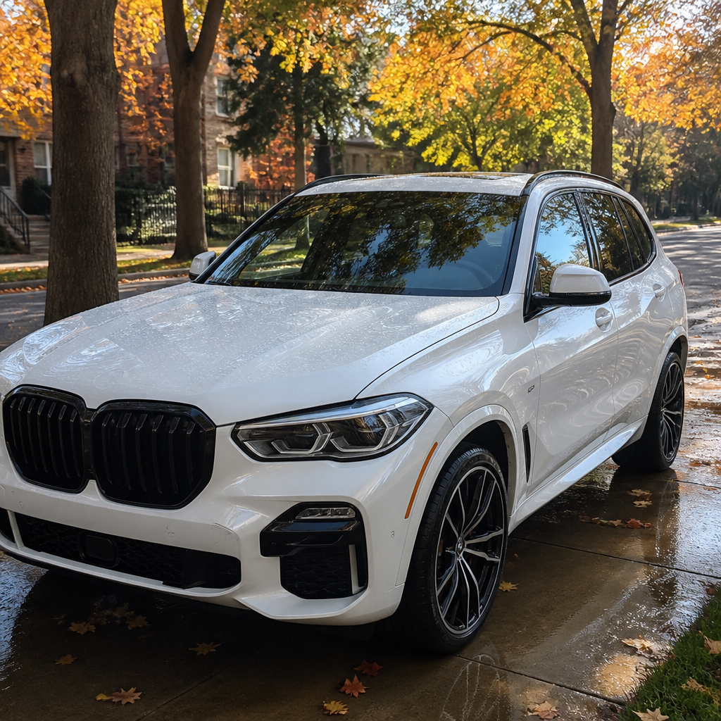 White luxury SUV with a fresh ceramic coating beading water on a suburban Chicago driveway in autumn.