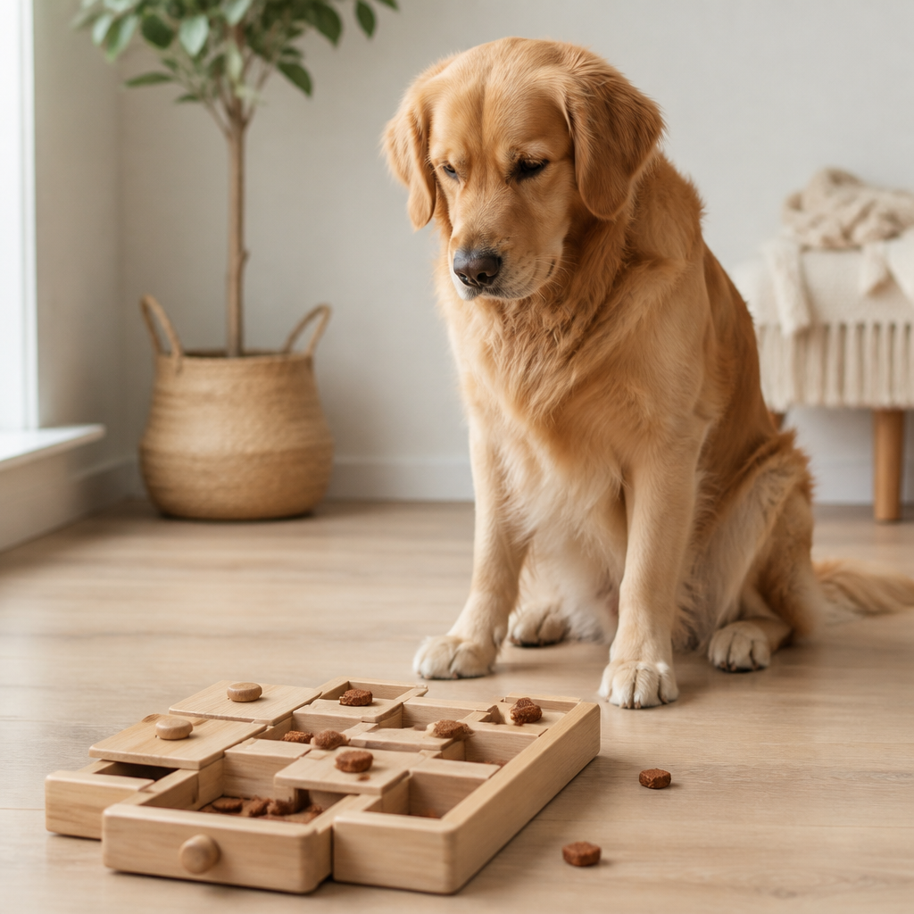 Dog sitting beside a wooden puzzle feeder filled with small air-dried meat treats for dog treat enrichment ideas.