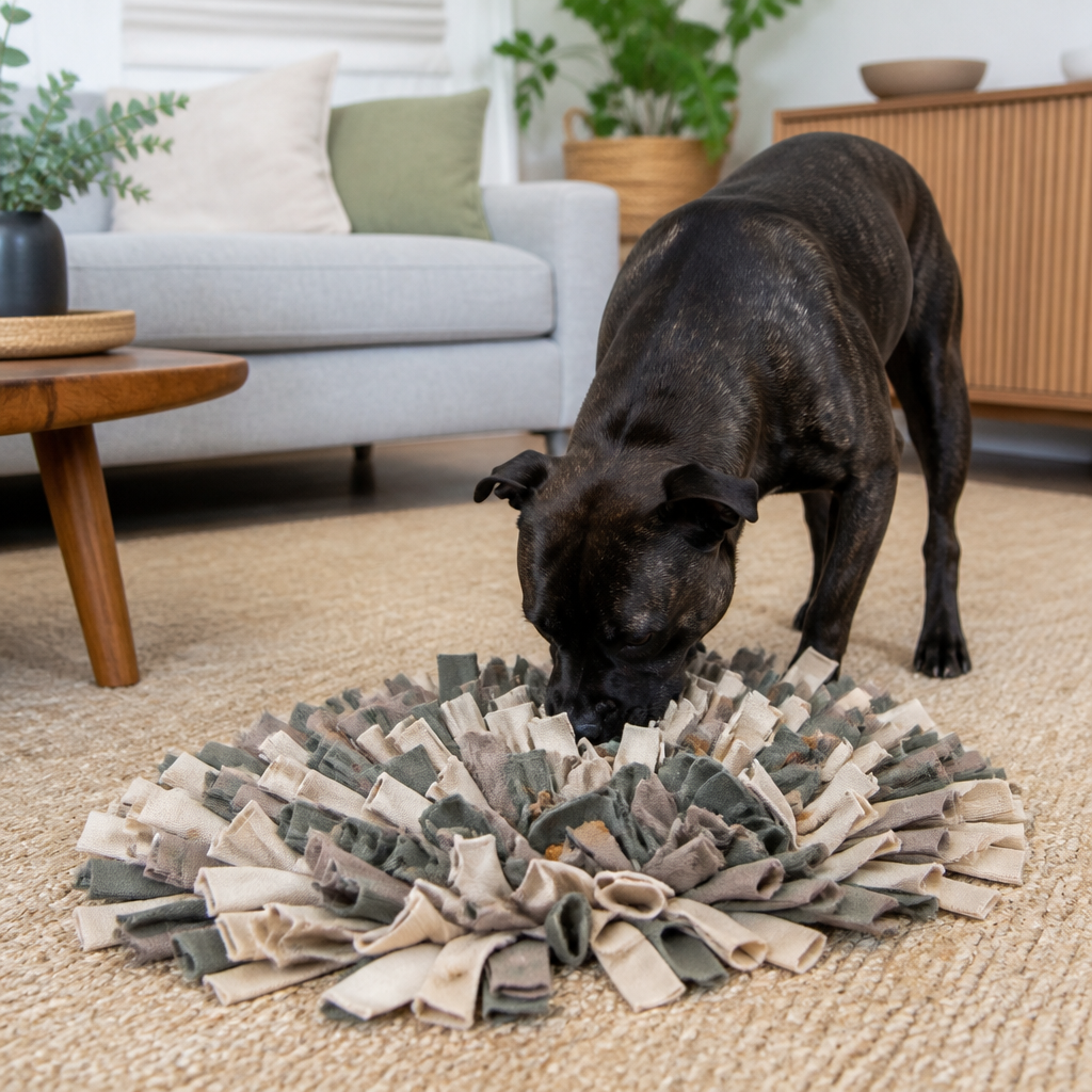 Dog sniffing a snuffle mat with small dried meat treats hidden in its fabric folds.