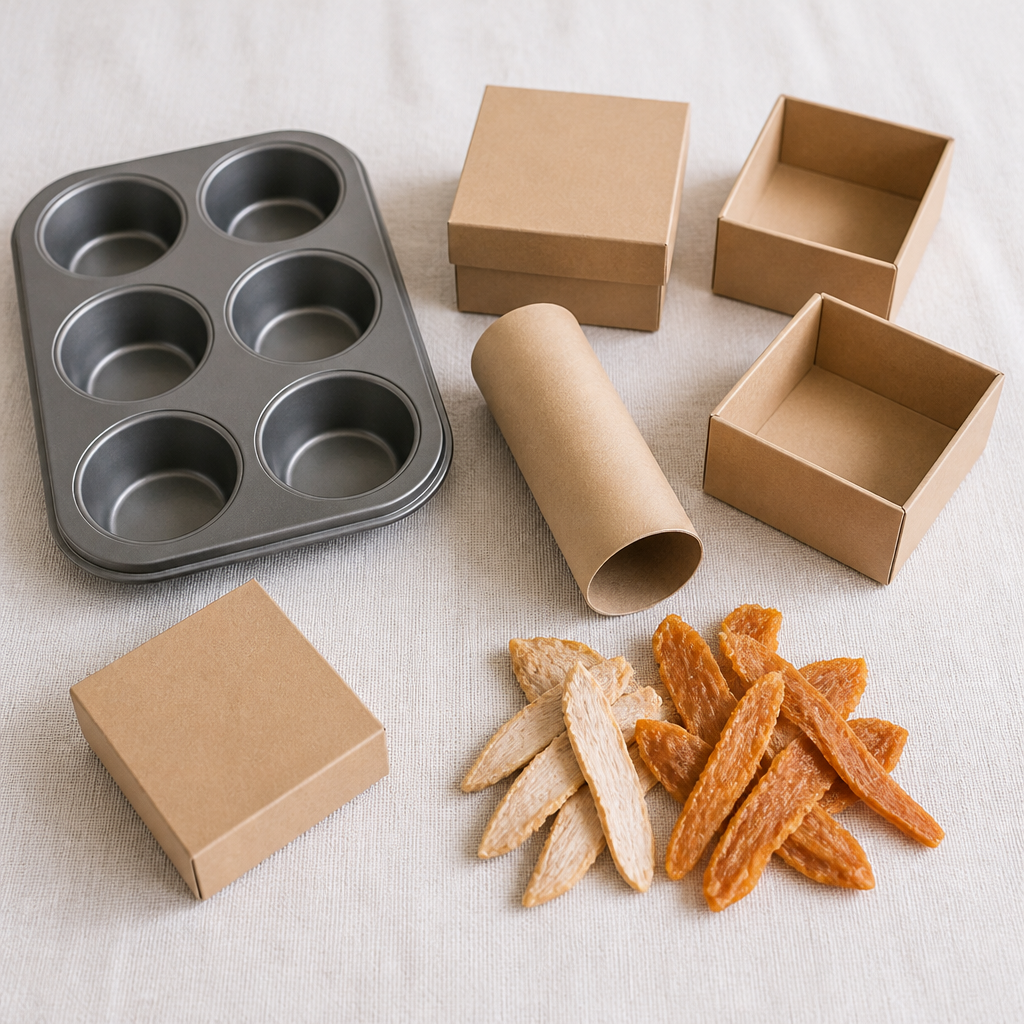 Flat-lay of cups, boxes and a muffin tin with air-dried chicken and turkey chips for interactive dog treat games.