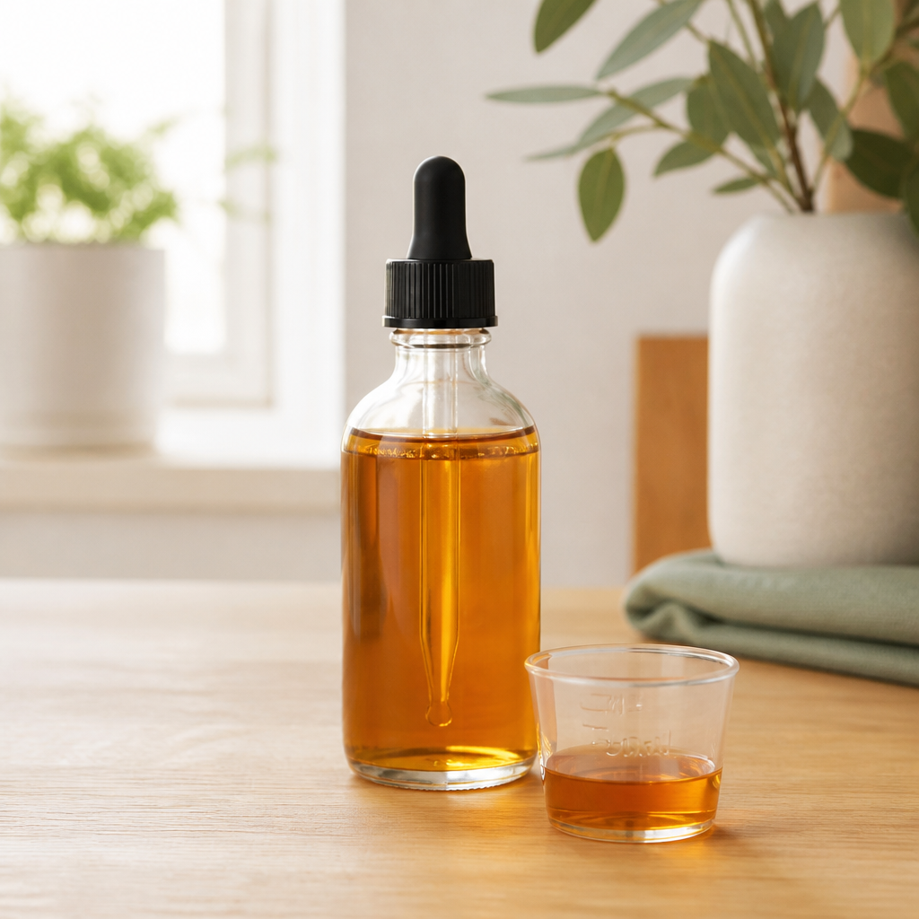 Plain amber liquid joint supplement bottle with a 30 mL measuring cup on a bright wooden countertop