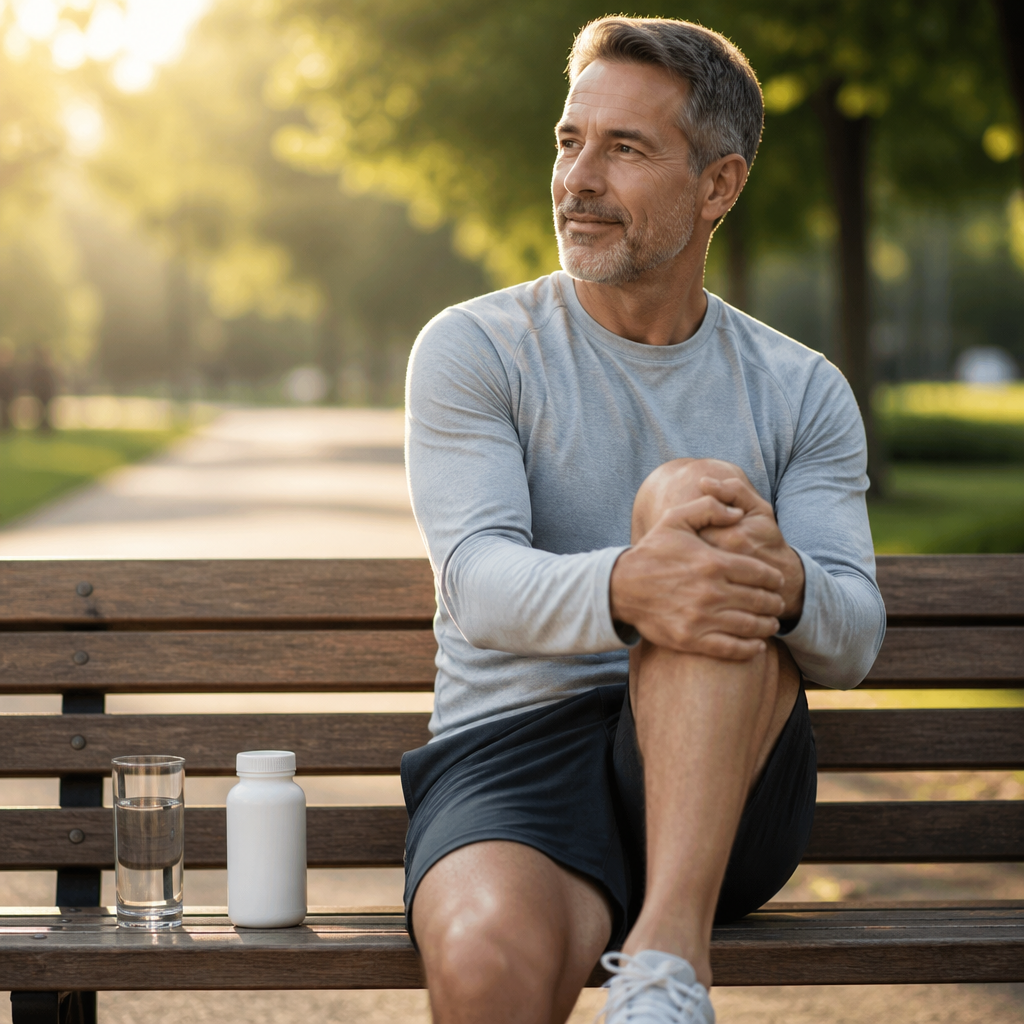 Adult in athletic wear stretching a knee on a park bench beside a water glass and a plain supplement bottle
