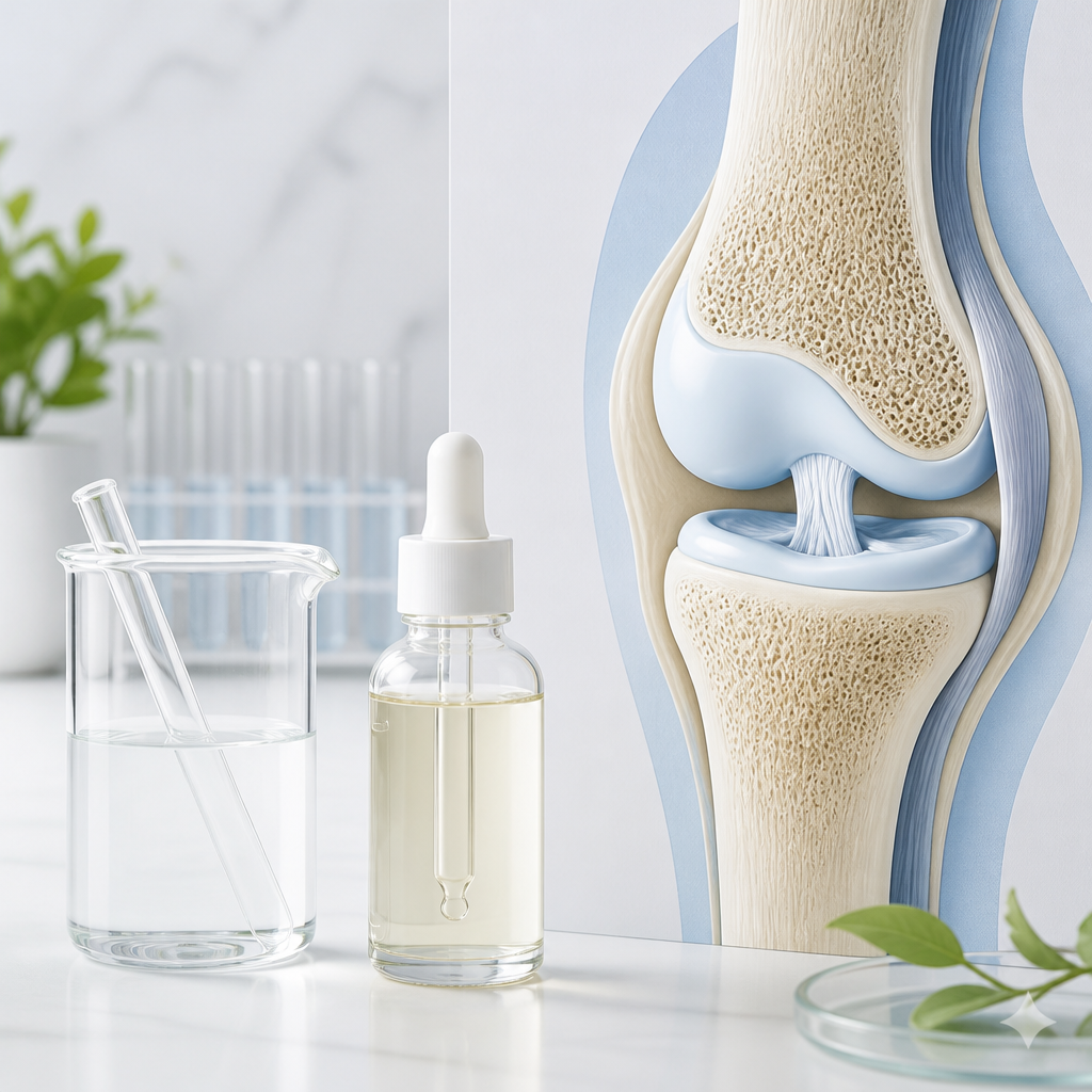 Still life of a plain supplement dropper bottle and a simple knee joint illustration on a white surface