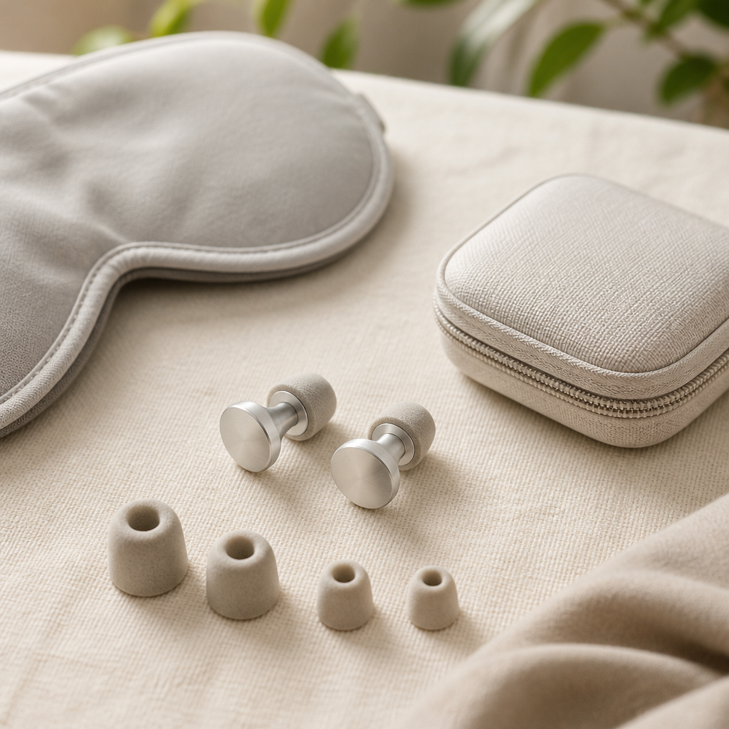 Reusable metal-bodied travel earplugs with soft foam tips in three sizes, beside a folded eye mask for sleeping on the go.