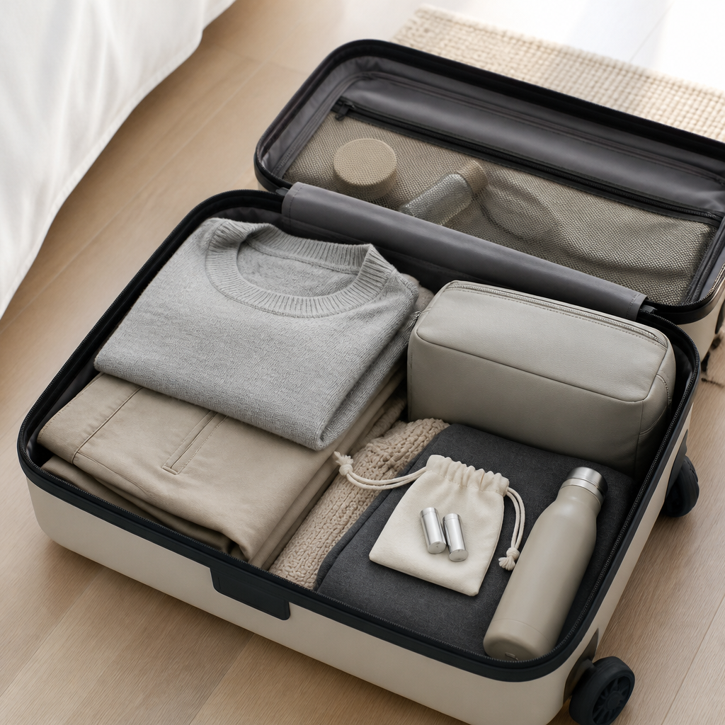 Open carry-on bag packed with a small pouch of reusable earplugs, folded clothes, and travel essentials.