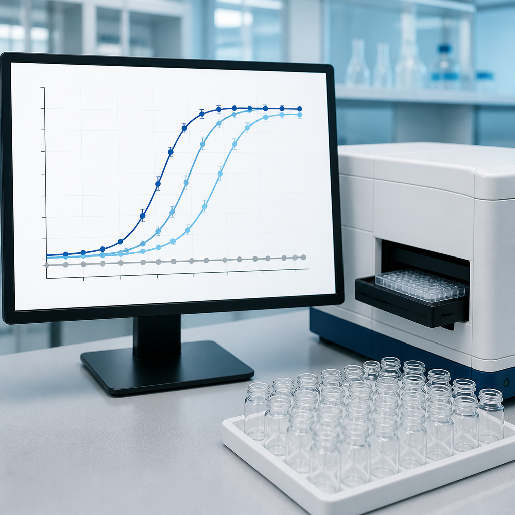 Dose-response graph with a flat control line beside a plate reader, showing assay control separation
