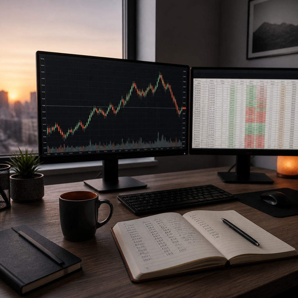Day trader's desk with a price chart and trade log on monitors, showing the numbers behind a trading edge.