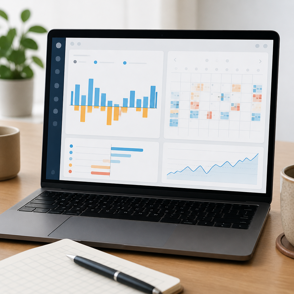 Laptop showing a trade performance dashboard with tagged bar charts and a trading calendar grid.
