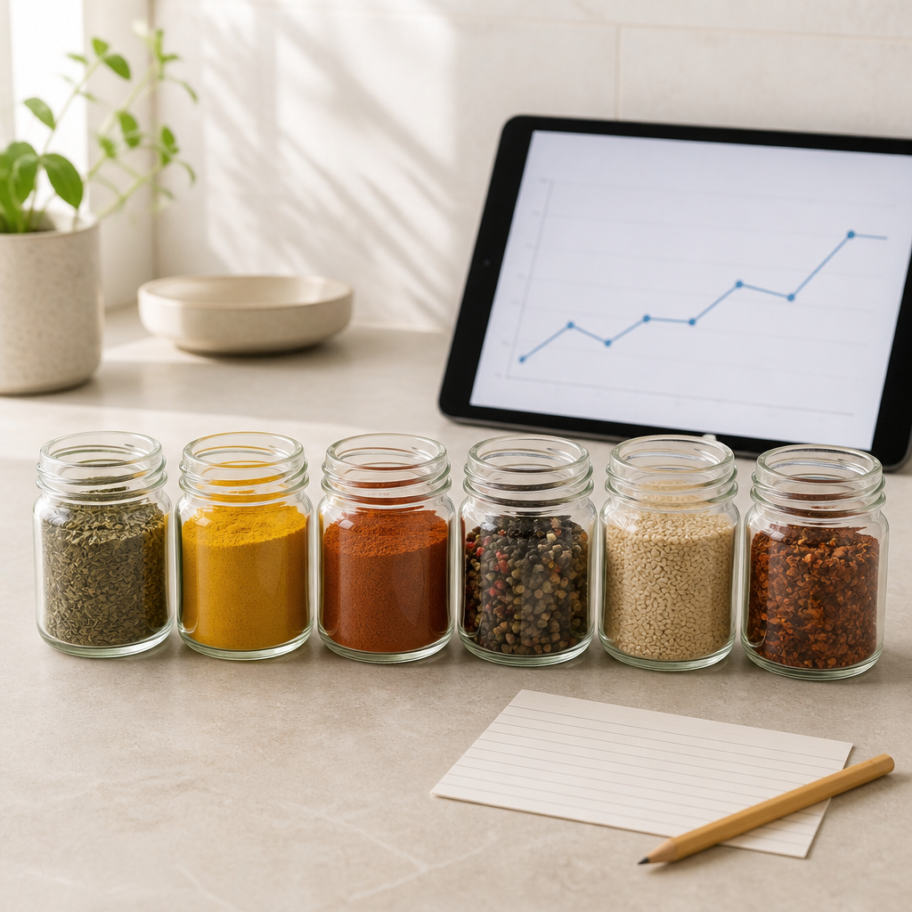 Plain spice jars lined up beside a tablet with a simple chart, symbolizing organizing scattered trade records.