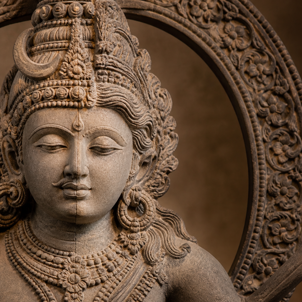 Close-up of a carved Hindu sculpture detail showing a trident on the male half of a split-body deity.