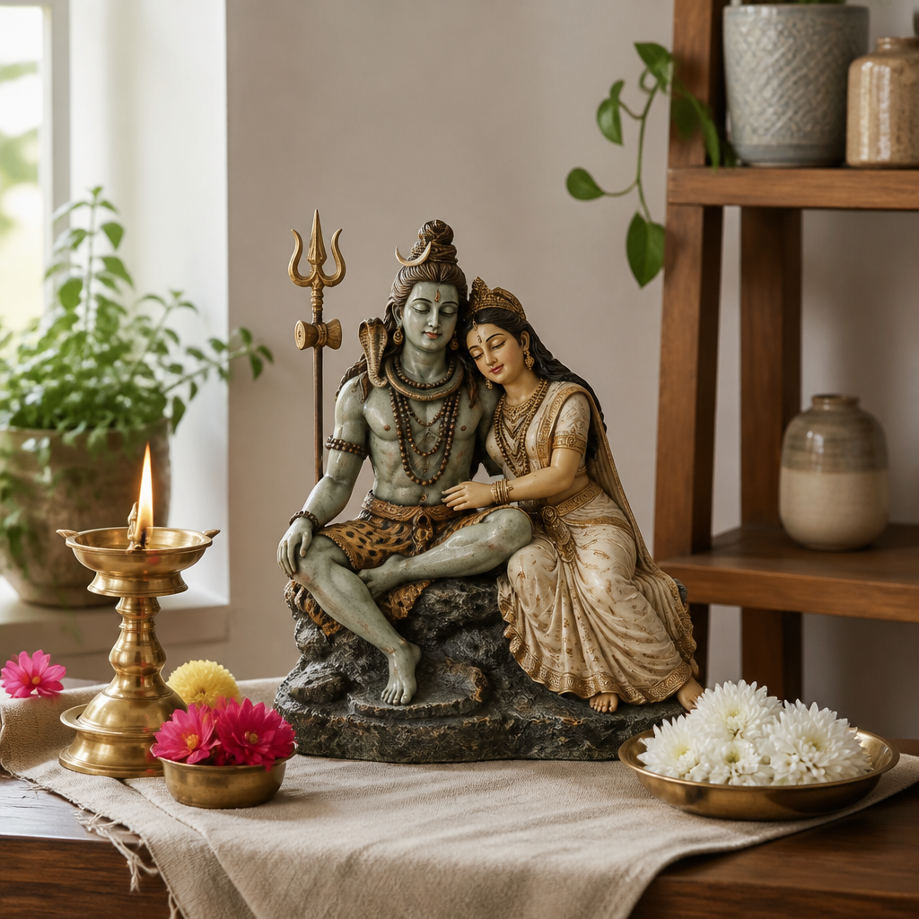 Home altar with a Shiva Parvati sculpture beside a brass lamp and fresh flowers on a wooden shelf.