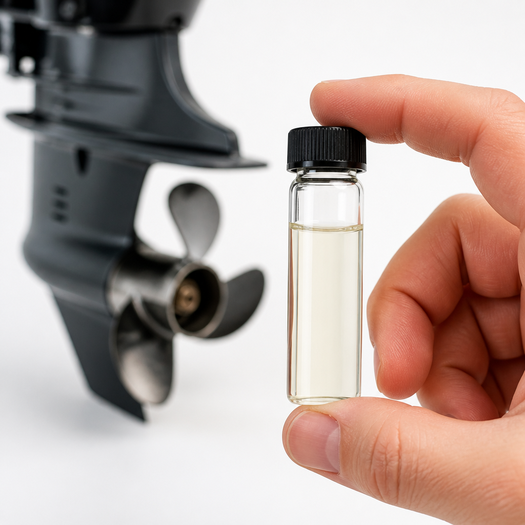 Close-up of a gear lube sample vial showing lubricant condition, with an outboard propeller blurred behind it.