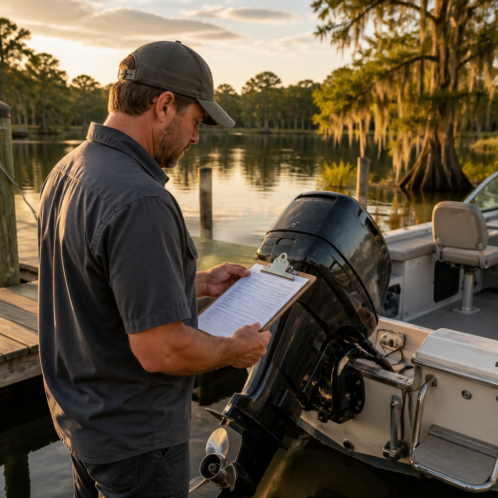 Mechanic reviewing an itemized estimate beside an outboard motor on a Central Florida lake dock.