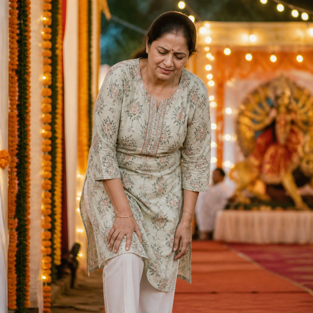 Woman in a kurta pausing at a festive pandal with marigold garlands, showing joint fatigue during the festive season.