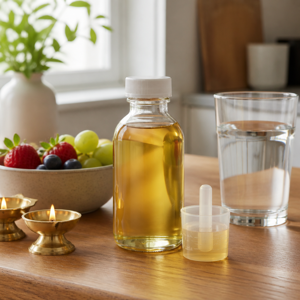 Plain liquid joint supplement bottle with a measuring cup and water on a kitchen counter during festive preparations.