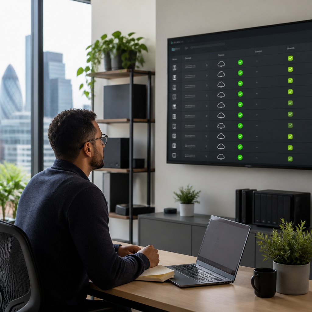IT engineer reviewing IT monitoring services dashboard with green system status indicators in a bright London office