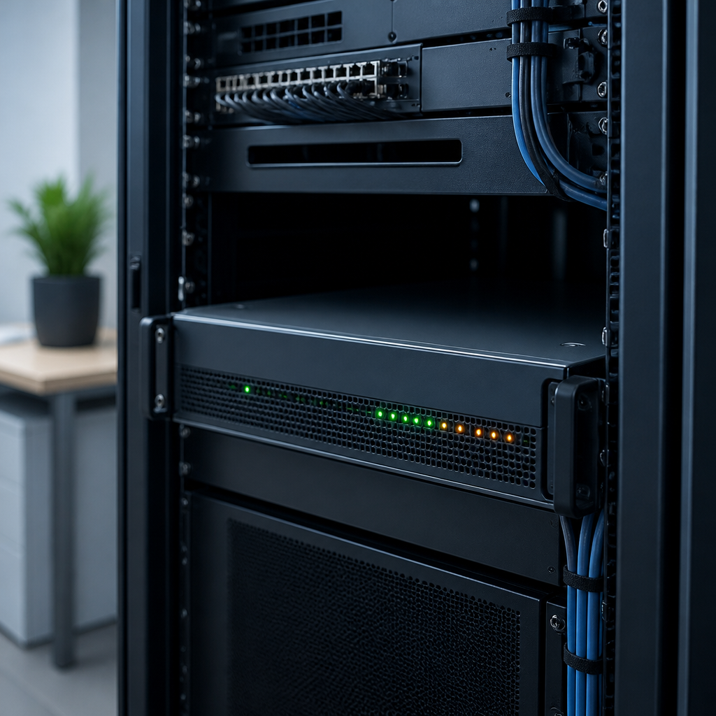 Close-up of a server cabinet with status LEDs showing remote monitoring of business devices