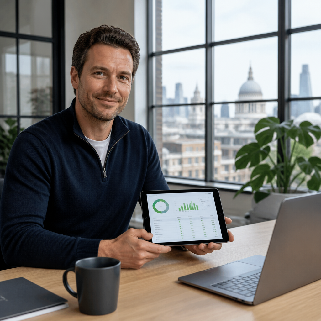 Business owner in London reviewing a device health report on a tablet during a planning meeting