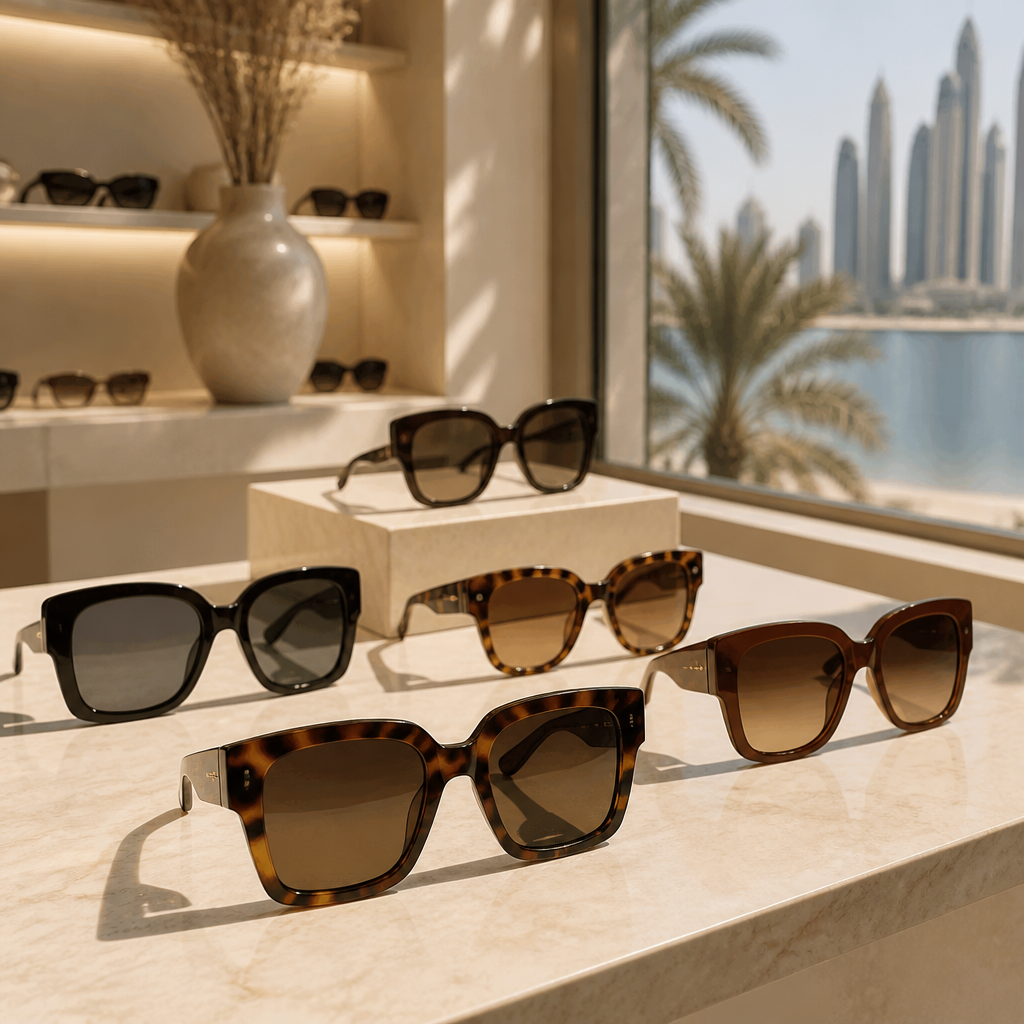 Designer sunglasses with acetate and oversized square frames displayed on a marble counter in a Dubai boutique