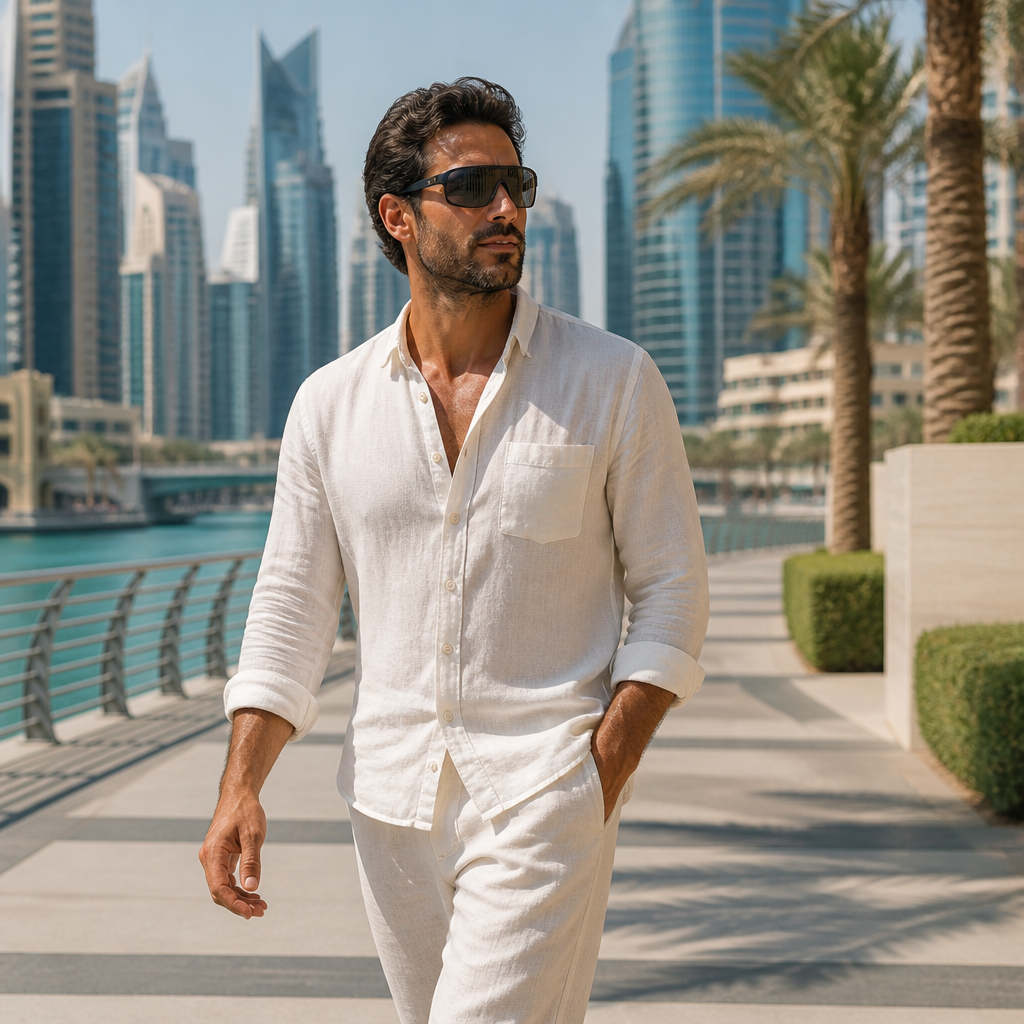 Pedestrian in wraparound sunglasses walking along a sunny Dubai promenade under bright summer light