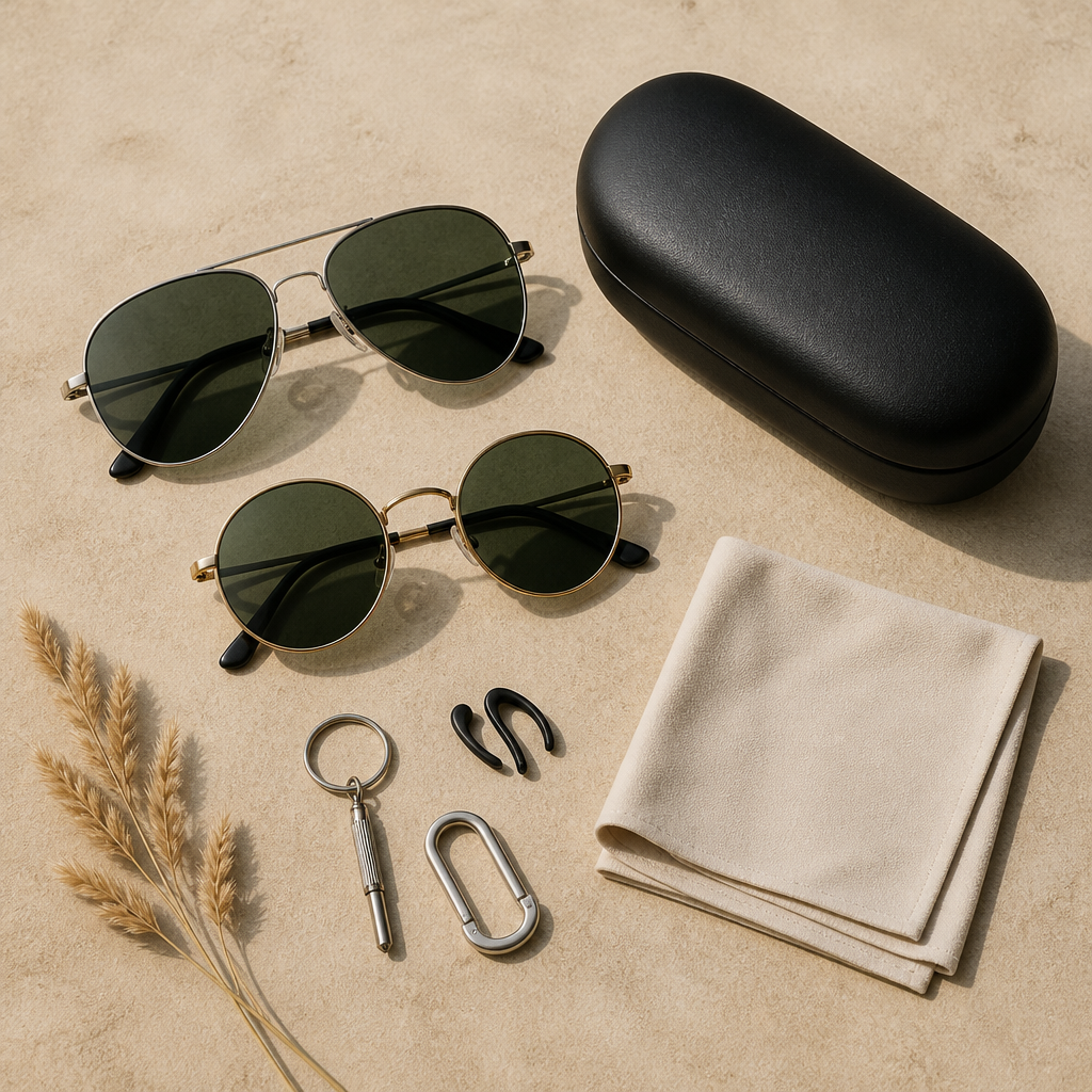 Flat-lay of metal-frame sunglasses and a plain hard case on sand-toned background for eyewear buying guide